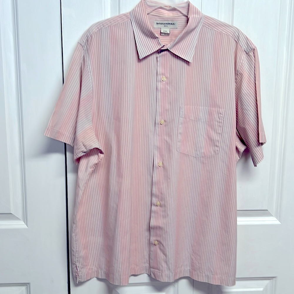 Banana Republic White Pink Purple Pinstriped Pocket Short Sleeve Shirt Size XL